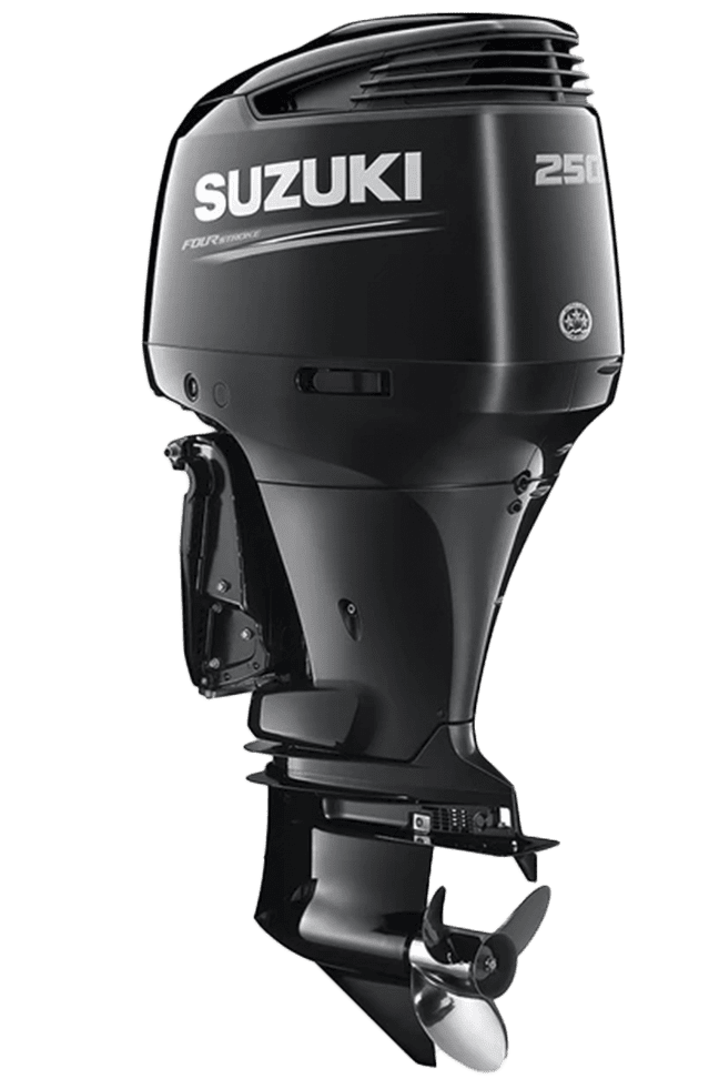 A black suzuki outboard motor sitting on top of a green background.