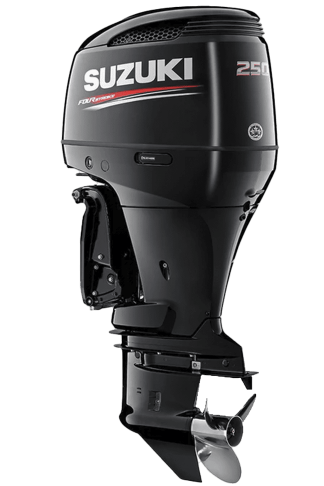 A black outboard motor sitting on top of a green background.