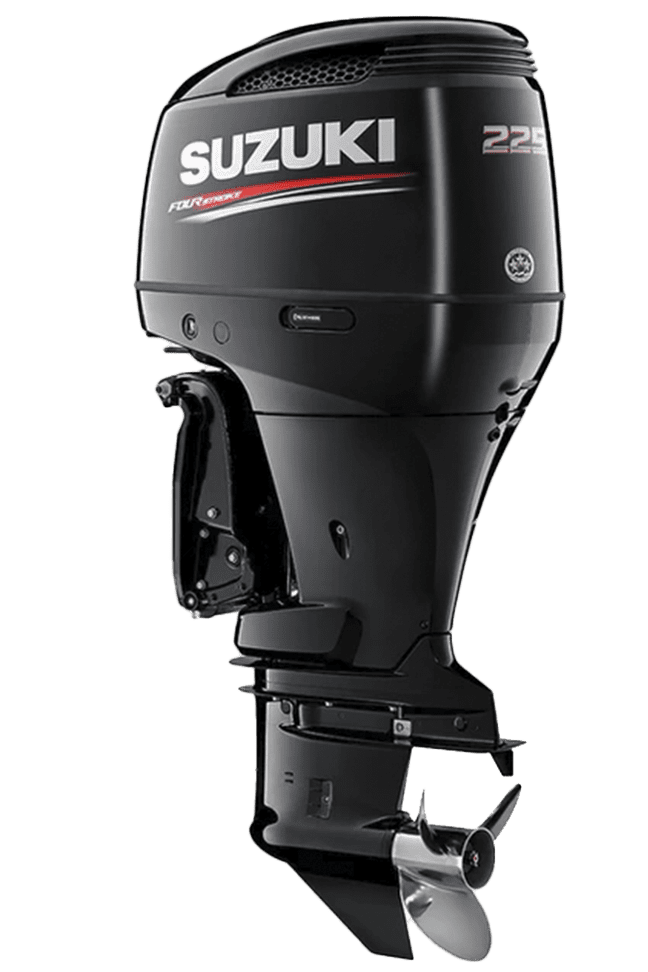 A black outboard motor sitting on top of a green background.