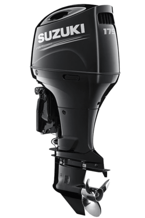 A black outboard motor sitting on top of a green background.