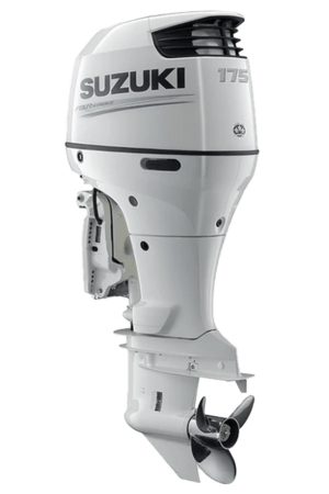 A white suzuki outboard motor sitting on top of a green background.