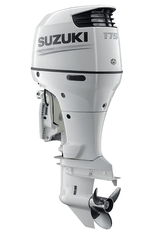 A white suzuki outboard motor sitting on top of a green background.