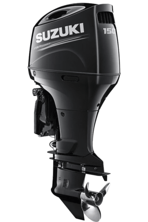 A black outboard motor sitting on top of a green background.