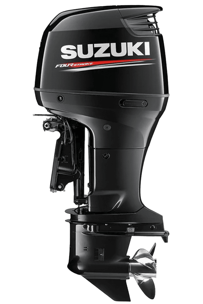 A black suzuki outboard motor sitting on top of a green background.