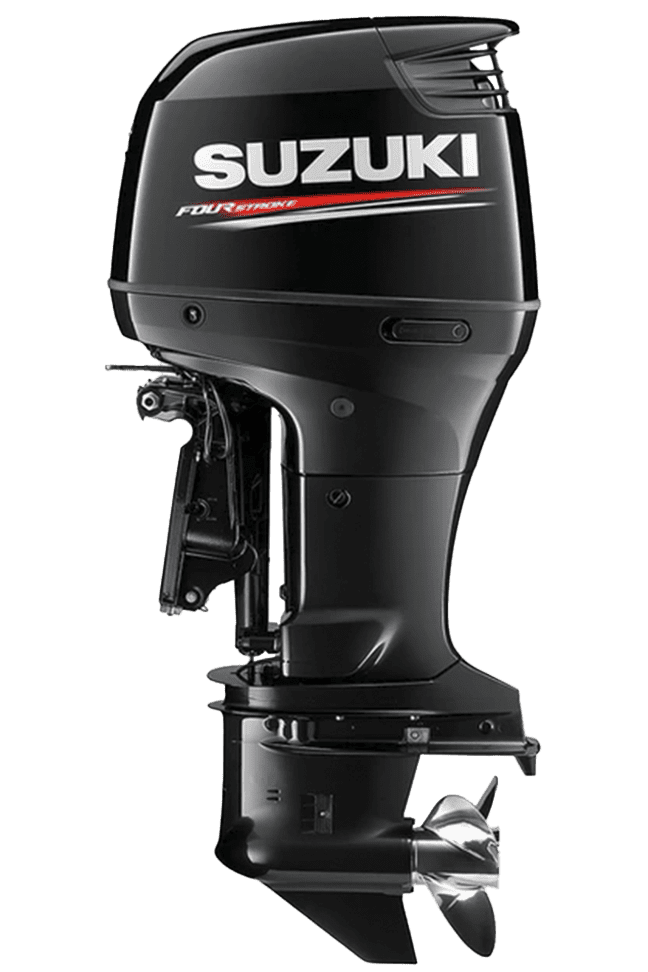 A black suzuki outboard motor sitting on top of a green background.