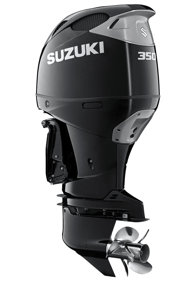 A black suzuki outboard motor sitting on top of a green background.